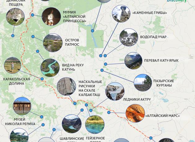 Достопримечательности на карте Горного Алтая (Республики Алтай) (фото: russiadiscovery.ru)