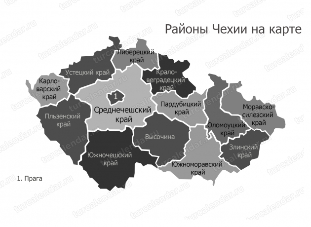 Районы (области) Чехии на карте