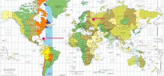 По картинке легко понять где находится часовой пояс в Доминикане и как делко он от Московского