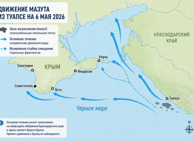 Карта загрязнений мазутом в Черном море и движение течений. Крым