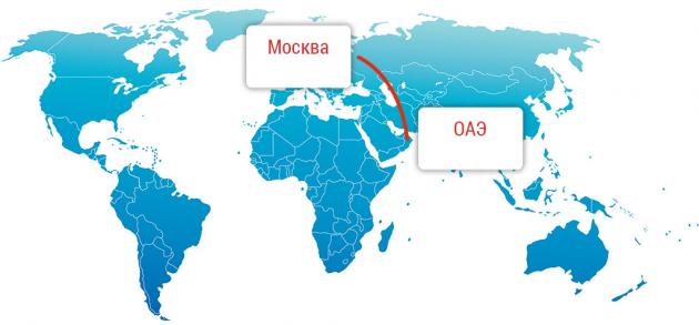Расстояние от Москвы до ОАЭ составляет около 5000 километров, а время прямого перелета примерно 5 с половиной часов