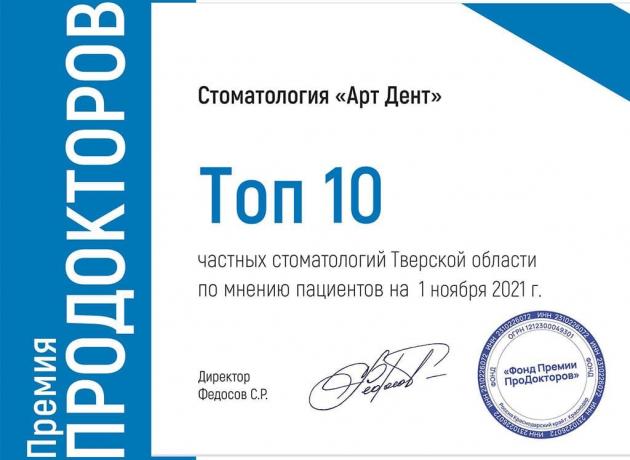 АртДент – лауреат премии ТОП-10 стоматологий города Твери по версии ПроДокторов