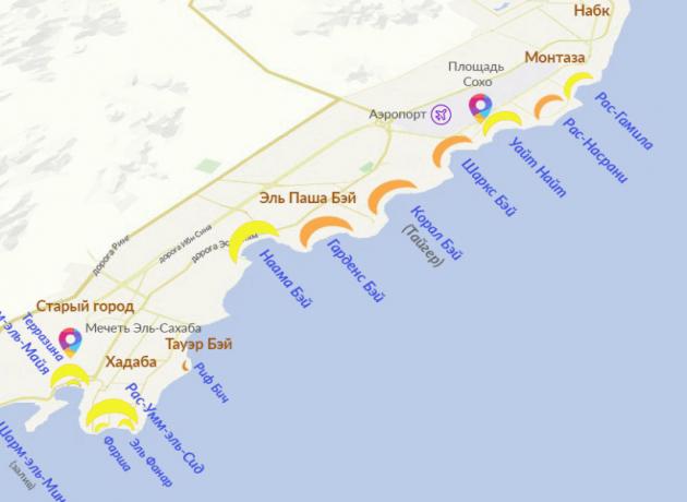 Песчаные пляжи на карте Шарм-эль-Шейх отмечены светло желтым (traveling.by)