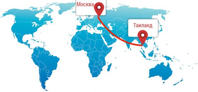 Расстояние от Москвы до Тайланда составляет 7000 километров, а время прямого перелета около 9-10 часов