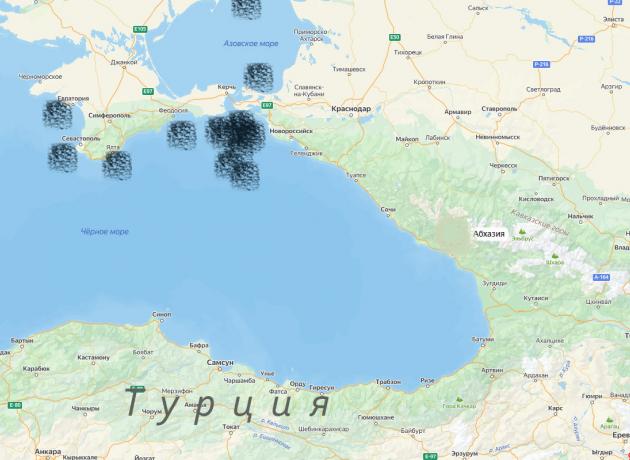 Карта Черного моря. Отмечены очаги загрязнения мазутом в Крыму, на Азовском море и на черноморском побережье Краснодарского края. На пляжах Турции мазут не обнаружен