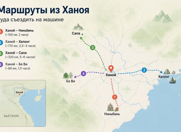 Маршруты на авто из Ханоя по северу Вьетнама (данные примерные, уточняйте на реальных картах расположение)